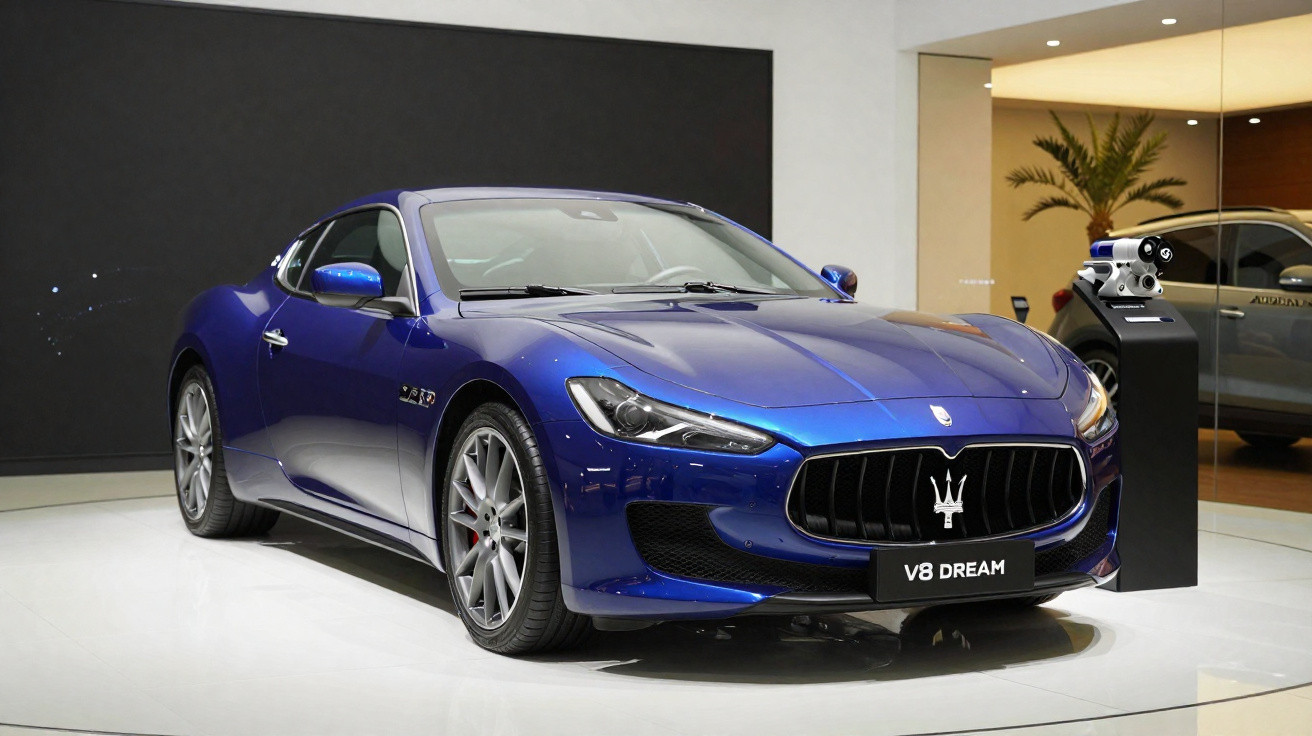 Blauer Maserati Sportwagen V8 Dream auf weißem Podest in einem modernen Ausstellungsraum.