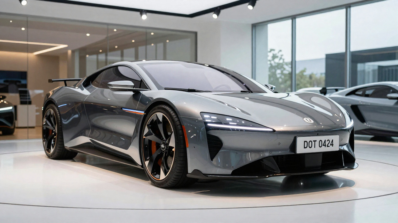 Glatte silberne Elektro-Sportwagen auf glänzendem weißen Boden im modernen Autohaus mit großen Fenstern.