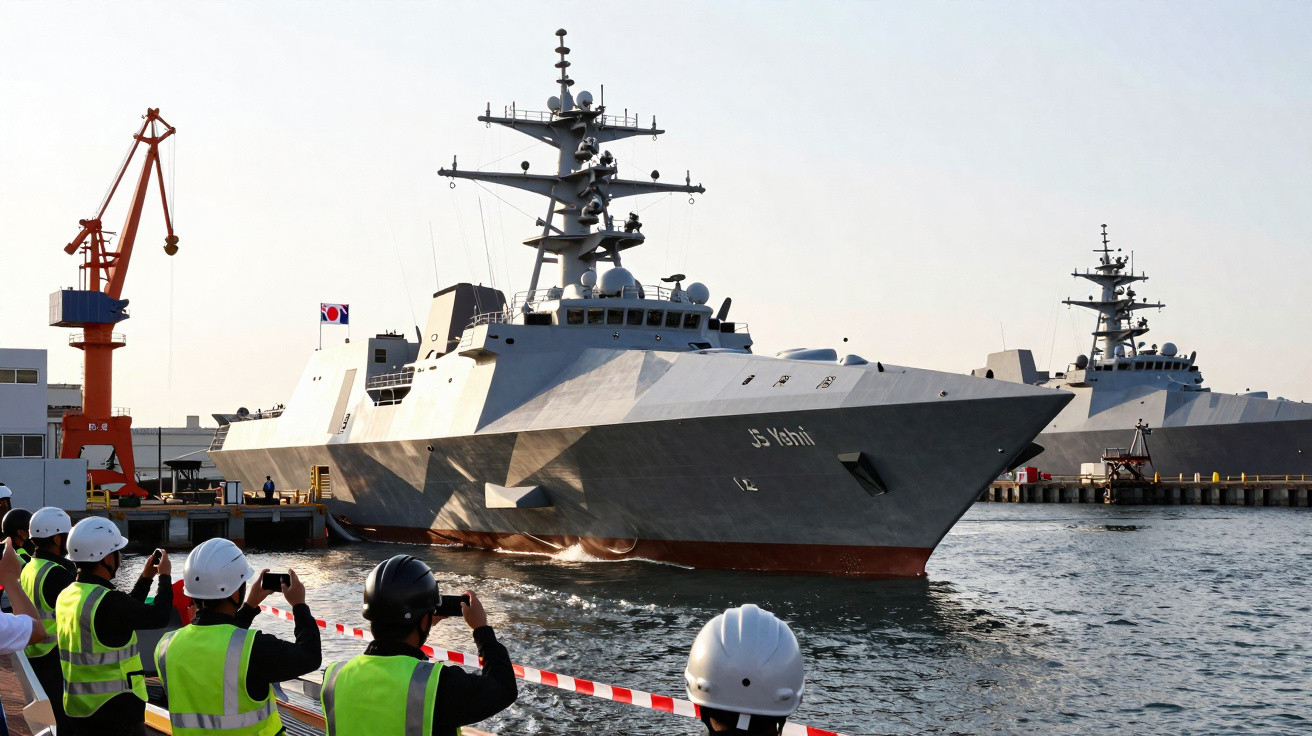 Militärschiff JB Yulhi am Hafen, mehrere Personen mit Schutzhelmen fotografieren das Schiff.