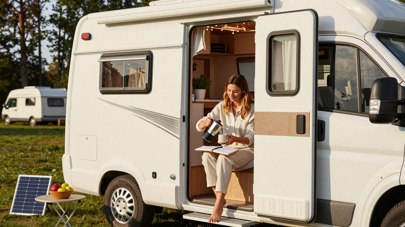 Frau sitzt in geöffneter Wohnmobil-Tür und gießt Kaffee auf Campingplatz mit Solarpanel und Obstkorb.