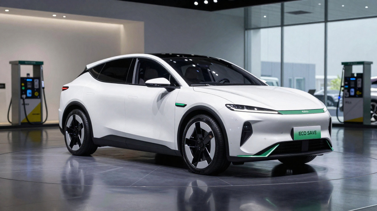 Weißes Elektroauto mit modernem Design steht in der Halle vor zwei Ladestationen zum Aufladen.