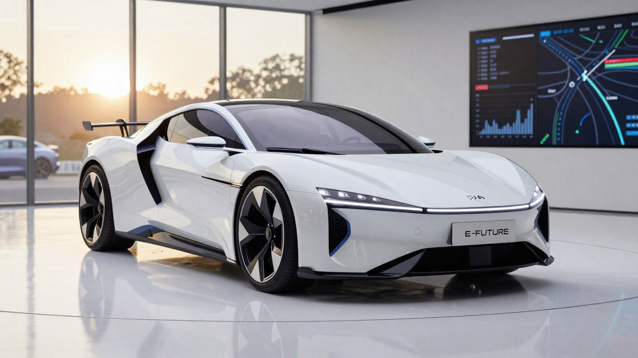 Weißer moderner Elektro-Sportwagen im Showroom mit Digitalbildschirm im Hintergrund bei Sonnenuntergang.