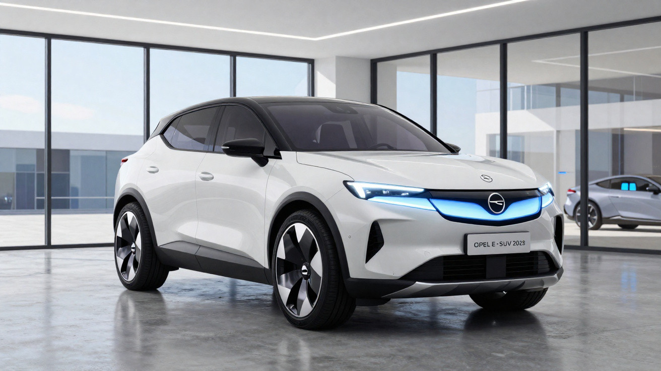 Weißer Opel E-SUV 2023 im modernen Showroom mit großen Fenstern und glänzendem Boden.