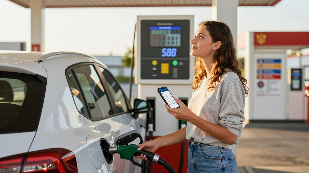 Frau tankt Elektroauto an Ladestation und hält dabei Smartphone in der Hand bei sonnigem Wetter.