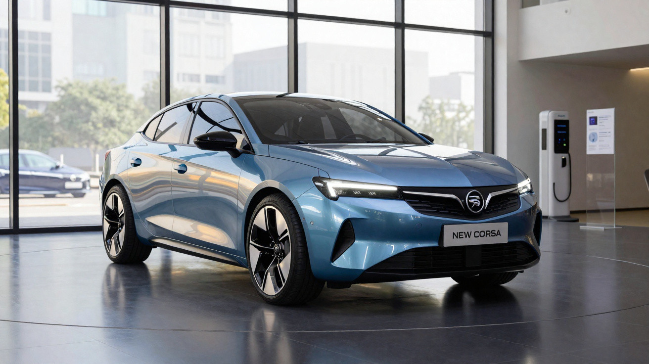 Blaues Elektroauto Opel New Corsa im Showroom vor großen Fenstern stehend.