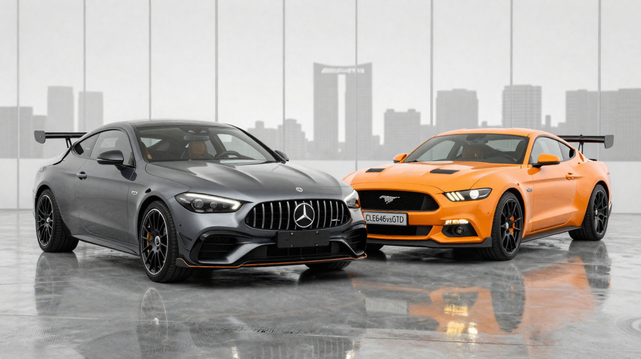Zwei Sportwagen, ein grauer Mercedes und ein oranger Ford Mustang, stehen in einem hellen Raum mit Stadt-Silhouette im Hinter