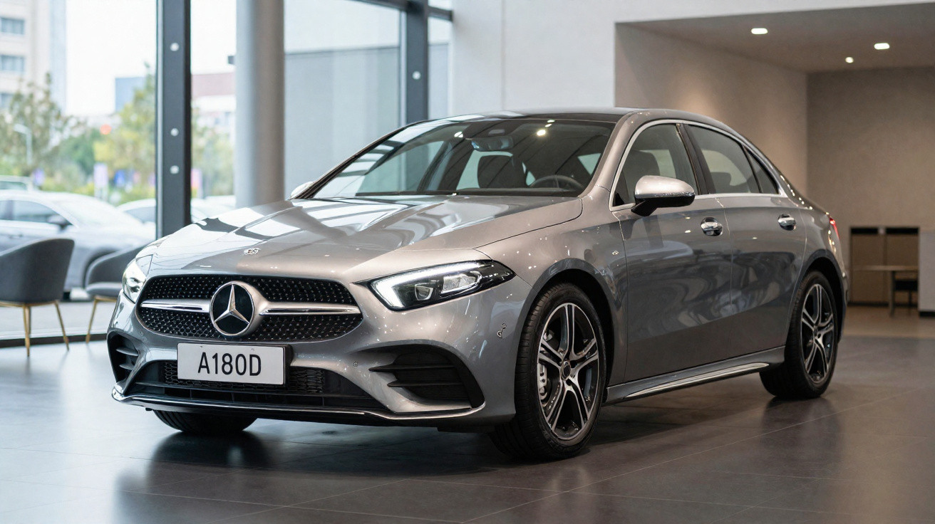 Silberne Mercedes-Benz A-Klasse Limousine A180D im modernen Showroom, frontal schräg von links fotografiert.