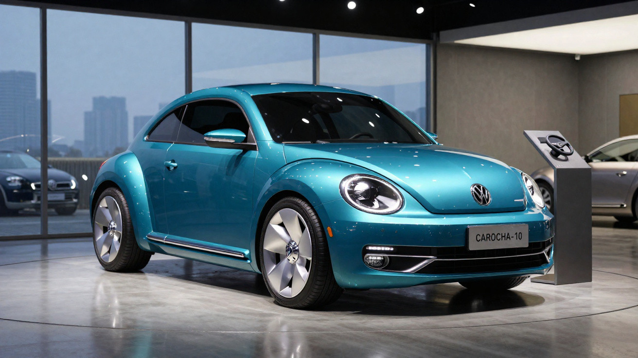 Blauer VW Carocha-10 Kleinwagen in moderner Ausstellungshalle mit großen Fenstern und Beleuchtung.