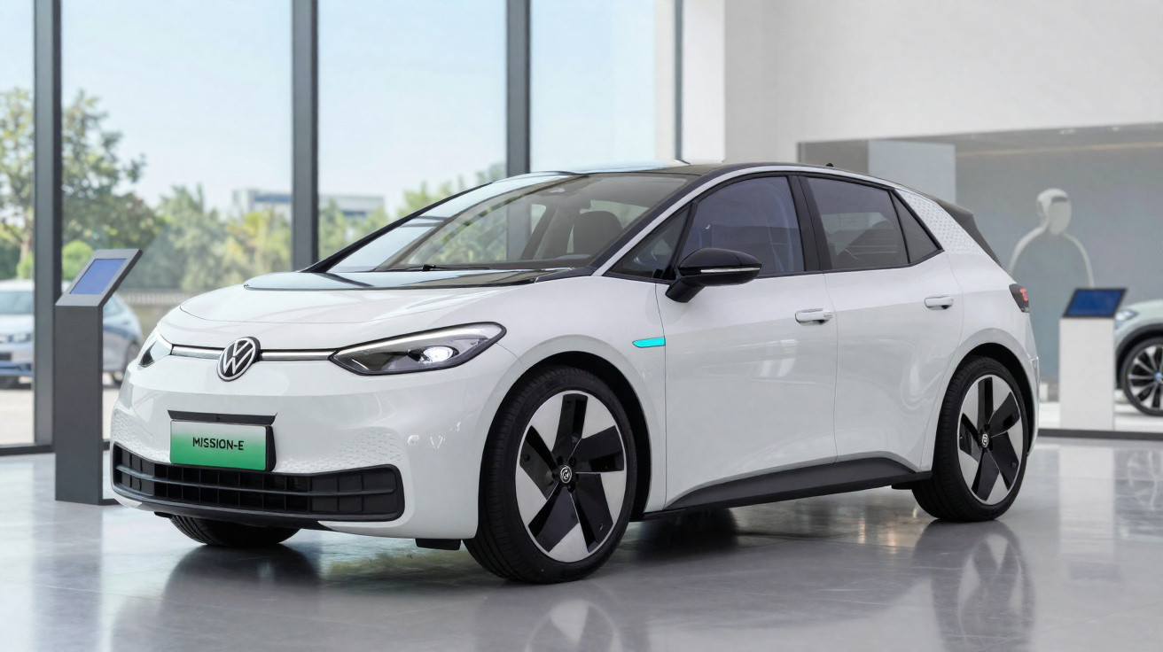 Weißer Volkswagen ID.3 Elektroauto steht in modernem Showroom mit großen Fenstern.