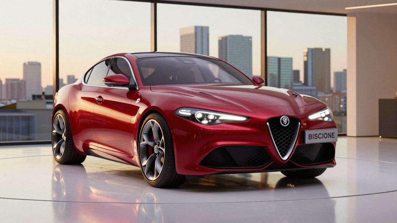 Rotes Sportcoupé Alfa Romeo biscione in modernem Showroom mit Panoramafenster und Stadtblick bei Sonnenuntergang.