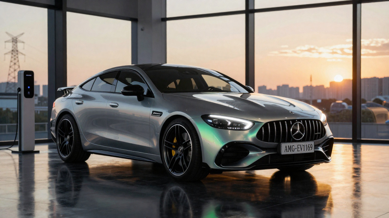 Silberner Mercedes AMG-Elektrowagen in moderner Garage bei Sonnenuntergang mit Ladestation im Hintergrund.