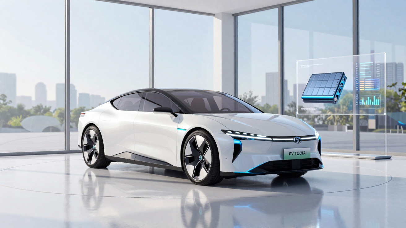 Weißes Toyota Elektroauto mit futuristischem Design in einem modernen Showroom vor großen Fenstern.