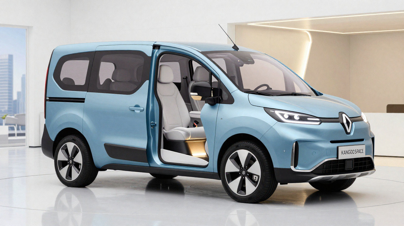 Hellblauer Renault Kangoo mit geöffneter Schiebetür und hellgrauem Innenraum in modernem Ausstellungsraum.