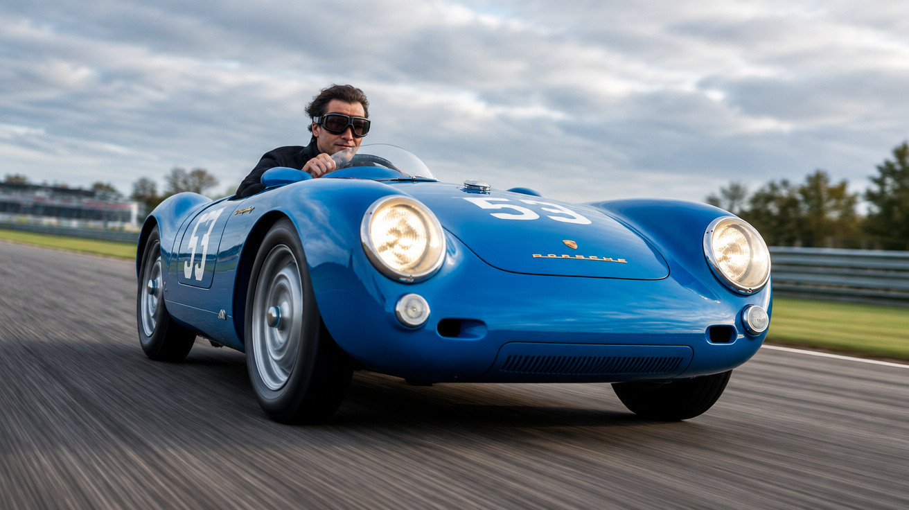 Blauer Porsche 550 Spyder mit Nummer 59 fährt auf Rennstrecke, Fahrer trägt große Schutzbrille.