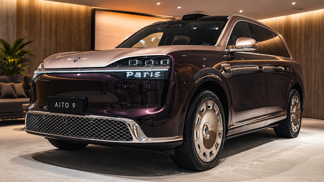 Luxuriöser AITO 9 SUV in dunkelviolett und silber, stehend in modernem Showroom mit Holzpaneelen.