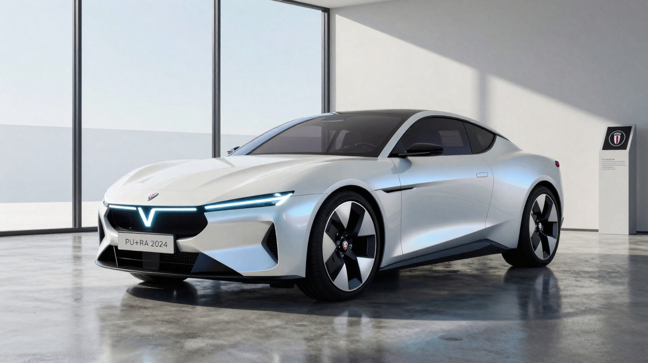 Weißes Elektro-Sportcoupé PU+RA 2024 in modernem Ausstellungsraum mit Glasfenstern und Lichtreflexionen.